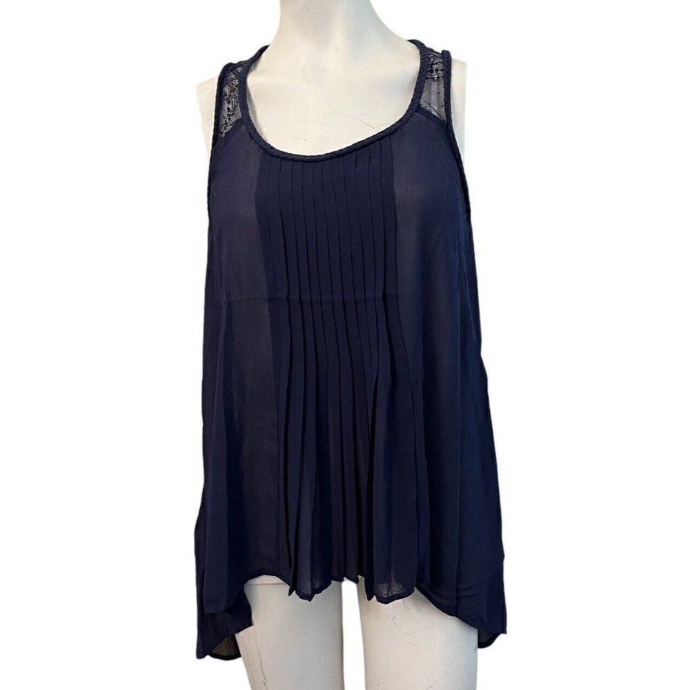 Doe & Rae Medium Sleeveless Lace Long Blouse Tunic Blue Semi Sheer Pleated NWT